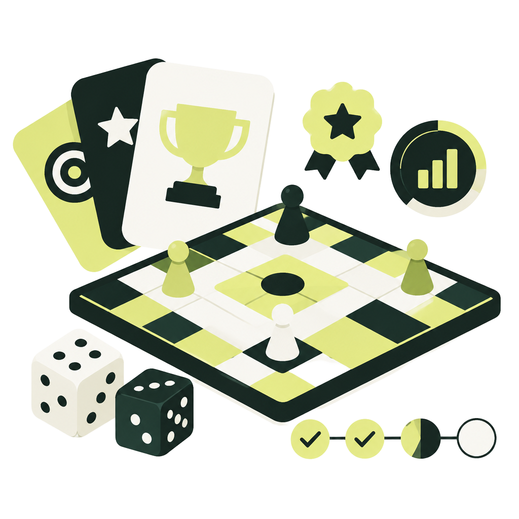 Illustration gamifiée Kokea : plateau de jeu, cartes et badges de progression